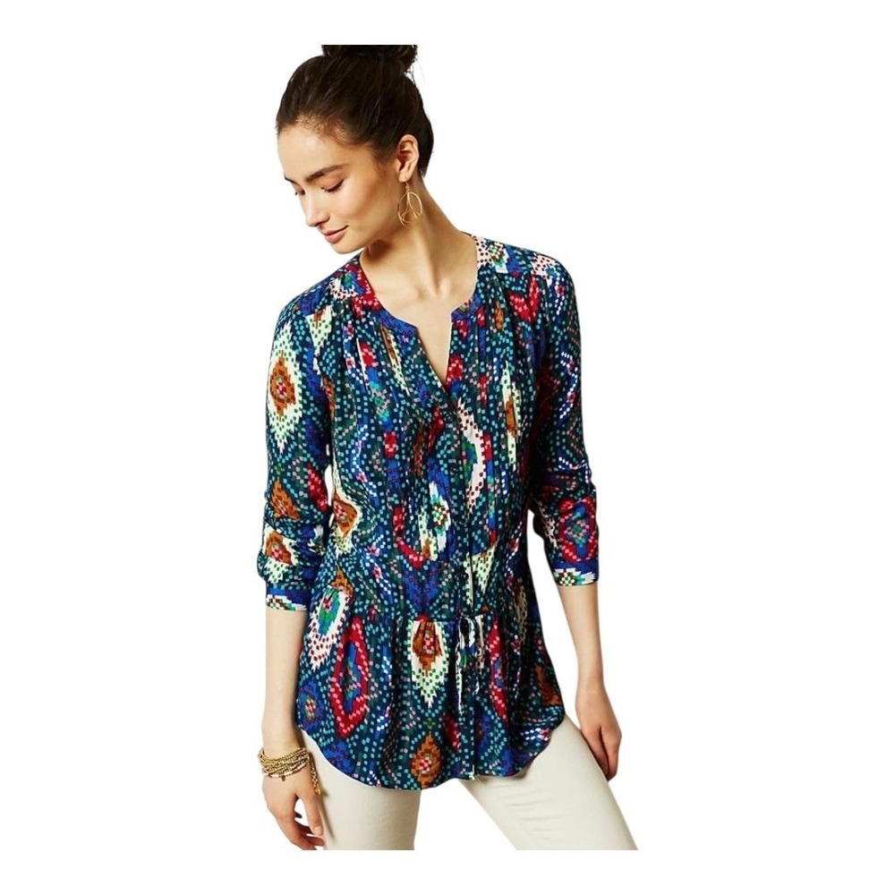 Anthropologie‎ Maeve Women's Blue Red Ikat Print Peplum Tunic Blouse Size 4